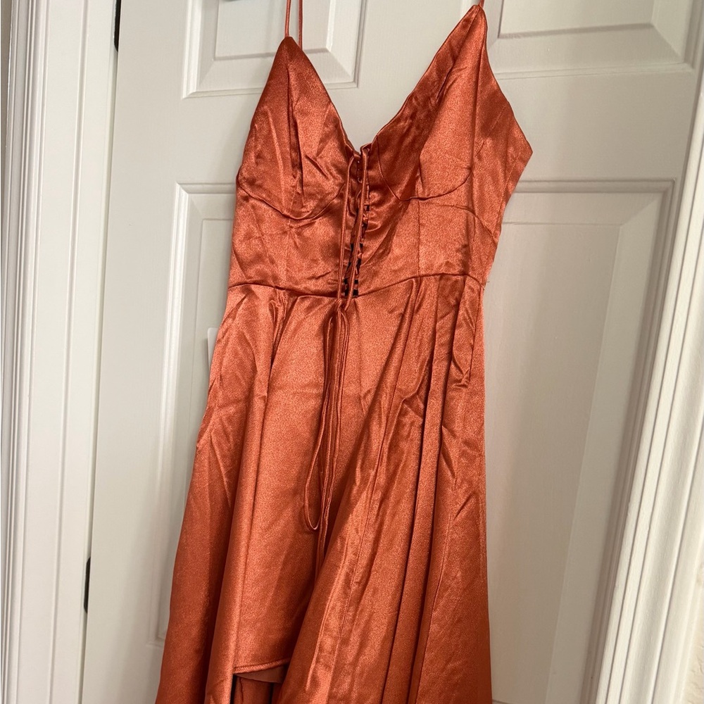 Joyfolie Rust Orange Satin Spaghetti Strap Dress